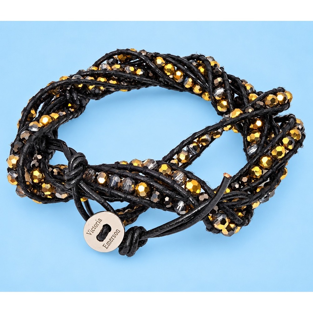 Victoria Emerson Black Gold Crystal Beaded Leather Wrap Bracelet Boho -3851